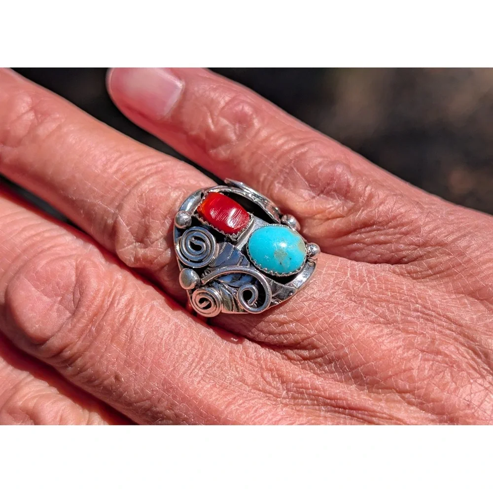Navajo Men's Ring Sterling Turquoise Coral by Lorena Brown‎ 10.5 Southwest **